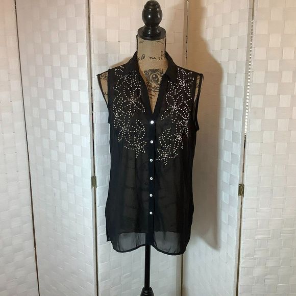 nine west black sheer studded blouse small - Picture 1 of 11